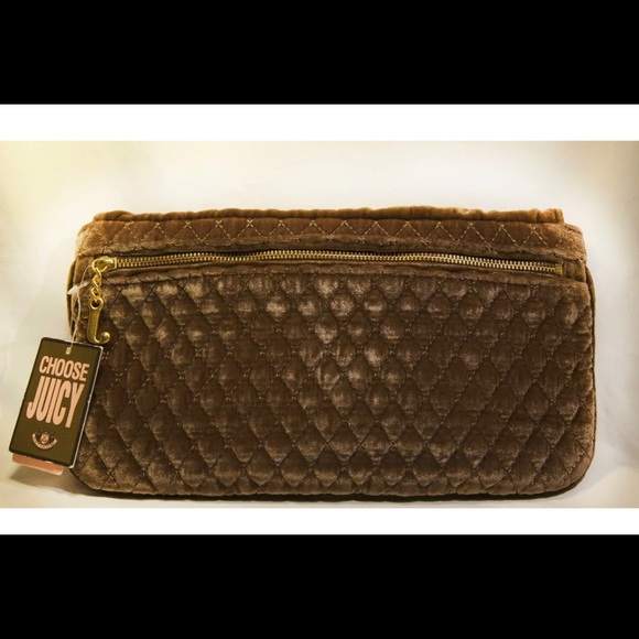 JUICY COUTURE Caramel Brown Bow Quilted Bag Velour Clutch Purse Handbag $198 NWT - Picture 4 of 5